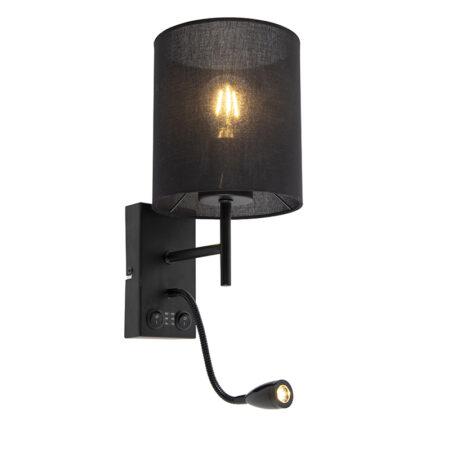 Moderní nástěnná lampa černá s bavlněným stínením - Stacca