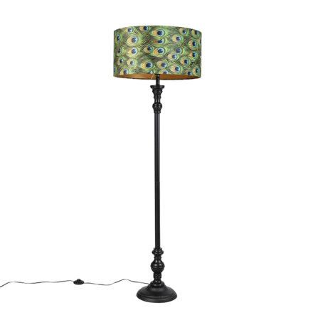 Stojací lampa černá s velurovým odstínem páv zlatá 50 cm - Classico